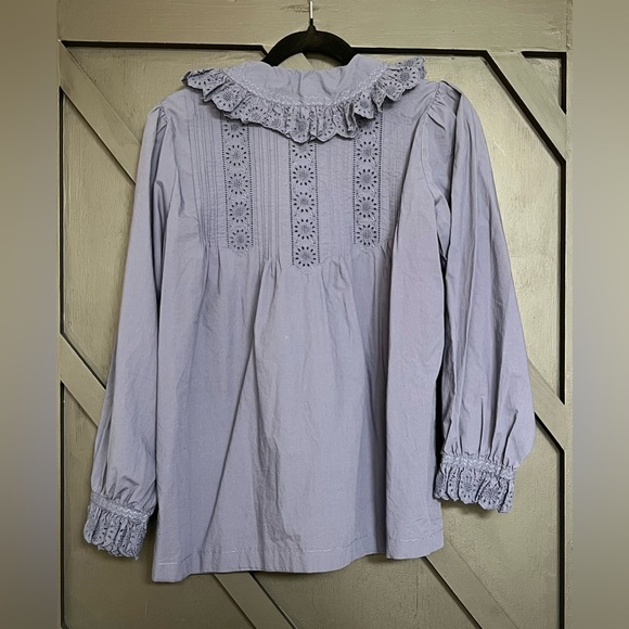 DÔEN Nerona Cotton Eyelet Ruffle Collar Blouse in Atlantic Blue, Size Large - Picture 4 of 6